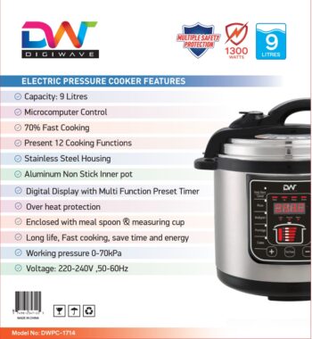 DWPC1714 Electric Pressure Cooker Digital 9Ltrs /1300Watts/ Microcomputer Function/Preset Timer/Overheat Protection With 1 Years Warranty